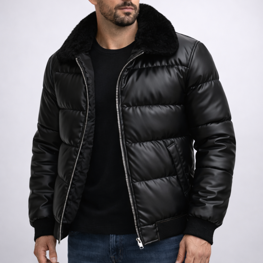 Christian Glossy Black Puffer Jacket Fur Collar | Men’s Insulated Winter Jacket